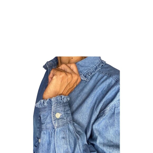 Gitano Vtg Denim Top w Ruffles Button Up Jean Shirt 80s 90s Sz L Office - Picture 4 of 11